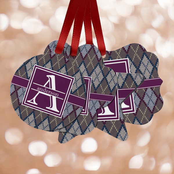Custom Knit Argyle Metal Ornaments - Double Sided w/ Name and Initial