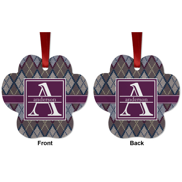 Knit Argyle Metal Paw Ornament - Front and Back