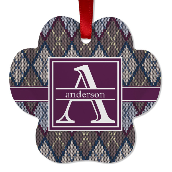 Custom Knit Argyle Metal Paw Ornament - Double Sided w/ Name and Initial