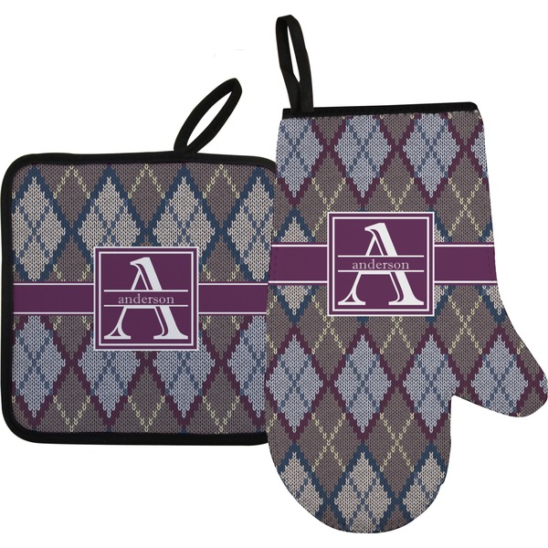 Custom Knit Argyle Oven Mitt & Pot Holder Set w/ Name and Initial