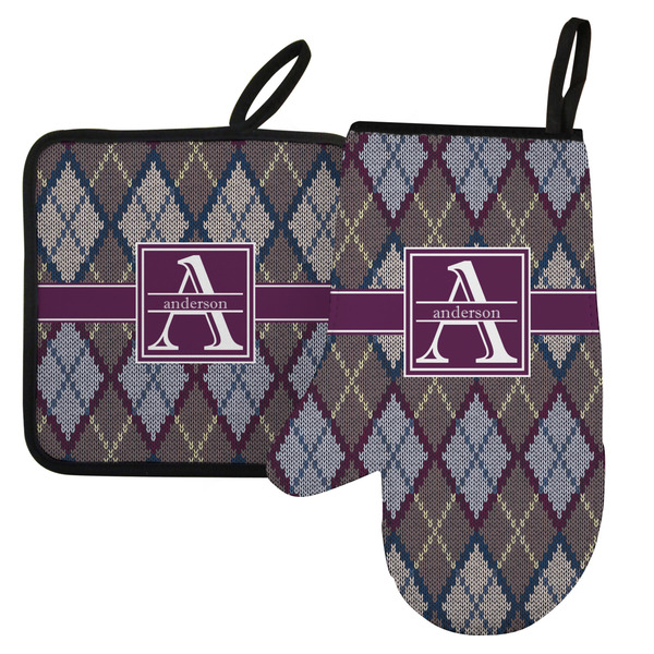 Custom Knit Argyle Left Oven Mitt & Pot Holder Set w/ Name and Initial