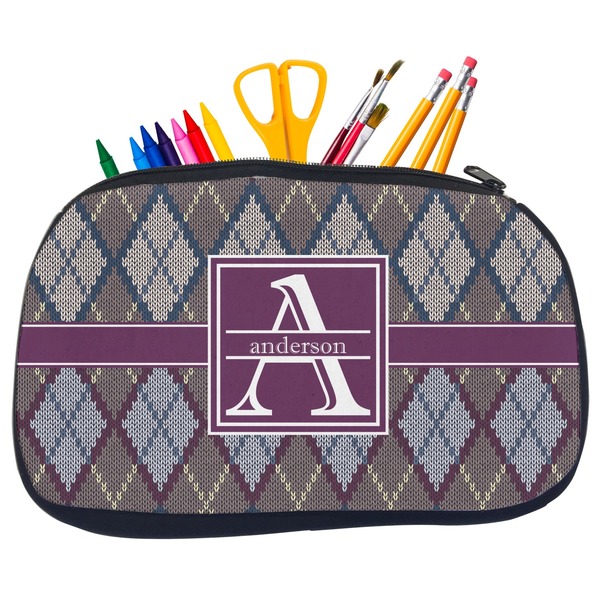 Custom Knit Argyle Neoprene Pencil Case - Medium w/ Name and Initial