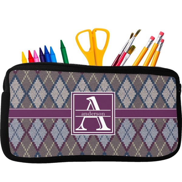 Custom Knit Argyle Neoprene Pencil Case - Small w/ Name and Initial