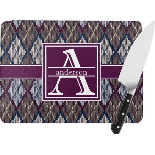 Custom Knit Argyle Rectangular Glass Cutting Board - Large - 15.25"x11.25" w/ Name and Initial