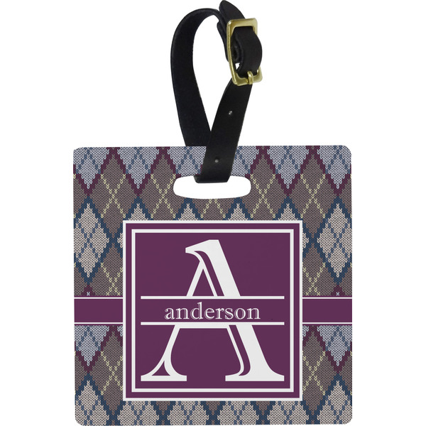 Custom Knit Argyle Plastic Luggage Tag - Square w/ Name and Initial