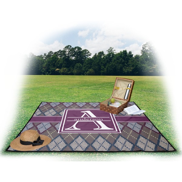 Knit Argyle Picnic Blanket - with Basket Hat and Book - in Use