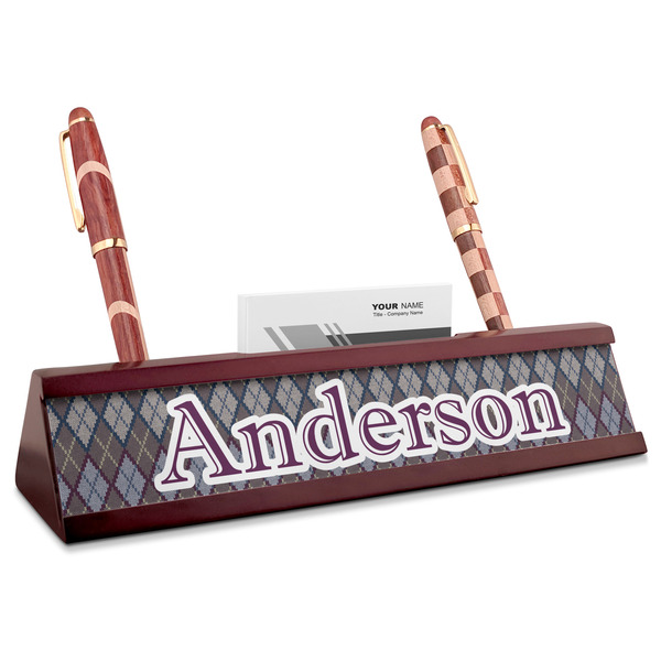 Custom Knit Argyle Red Mahogany Nameplate with Business Card Holder (Personalized)