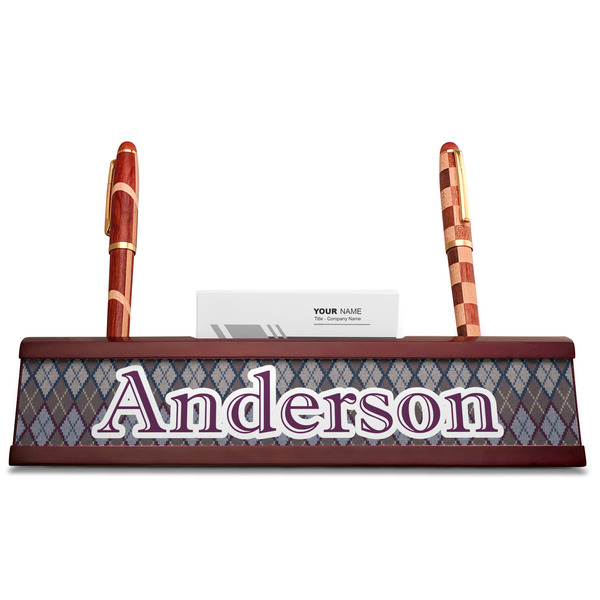 Knit Argyle Red Mahogany Nameplates with Business Card Holder - Straight