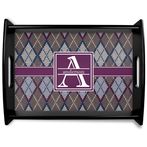 Custom Knit Argyle Black Wooden Tray - Large (Personalized)