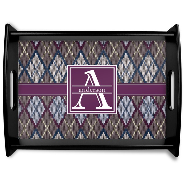 Custom Knit Argyle Black Wooden Tray - Large (Personalized)