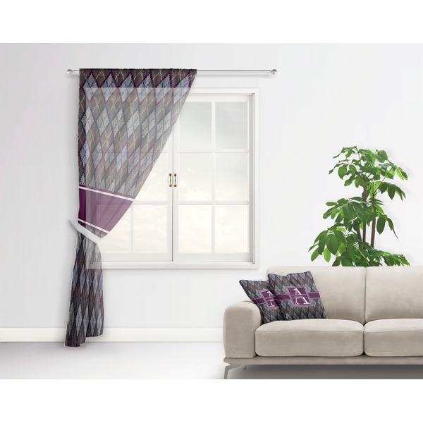 Knit Argyle Sheer Curtain With Window and Rod - in Room Matching Pillow