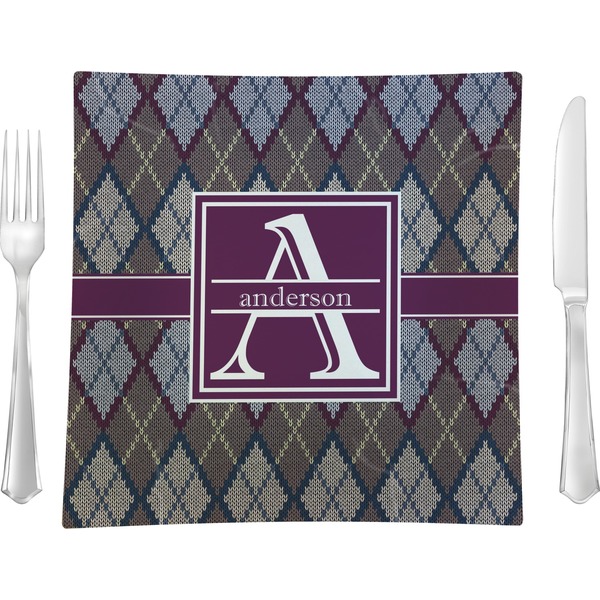 Custom Knit Argyle Glass Square Lunch / Dinner Plate 9.5" (Personalized)