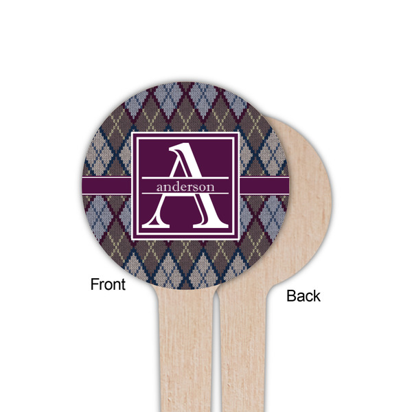 Knit Argyle Wooden 4" Food Pick - Round - Single Sided - Front & Back