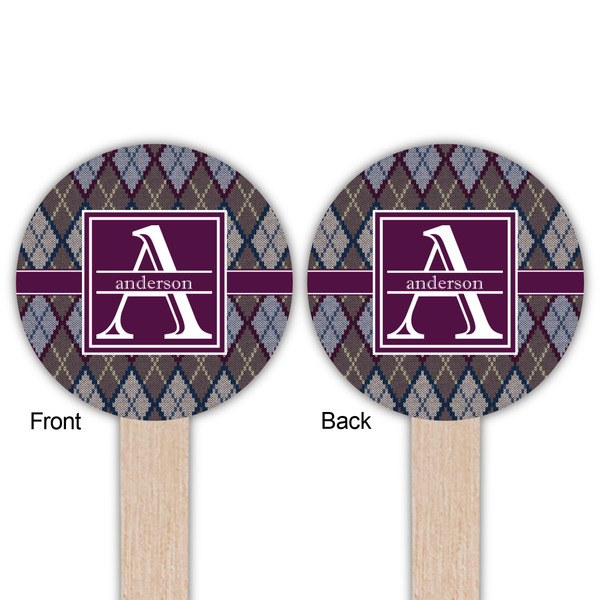 Knit Argyle Wooden 6" Food Pick - Round - Double Sided - Front & Back