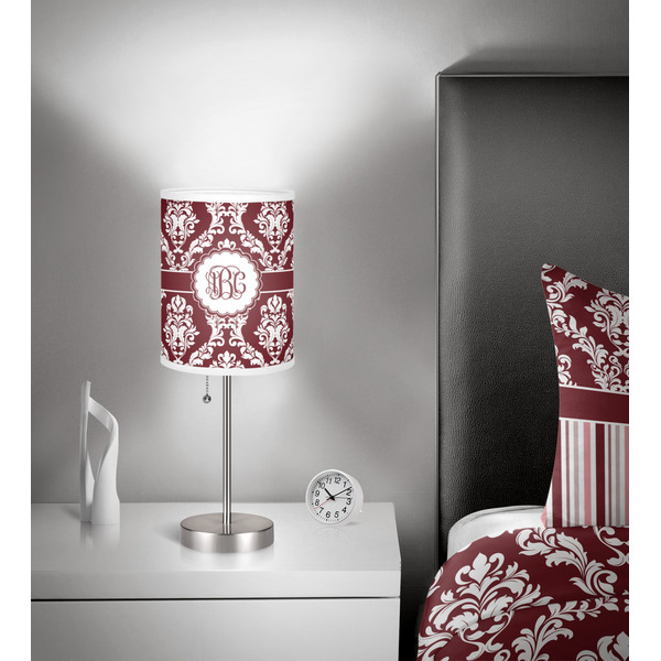 Maroon & White 7 inch drum lamp shade - in room