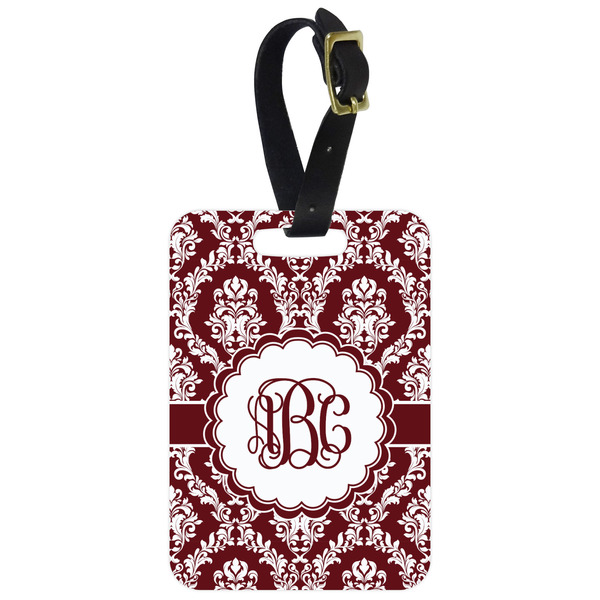Custom Maroon & White Metal Luggage Tag w/ Monogram