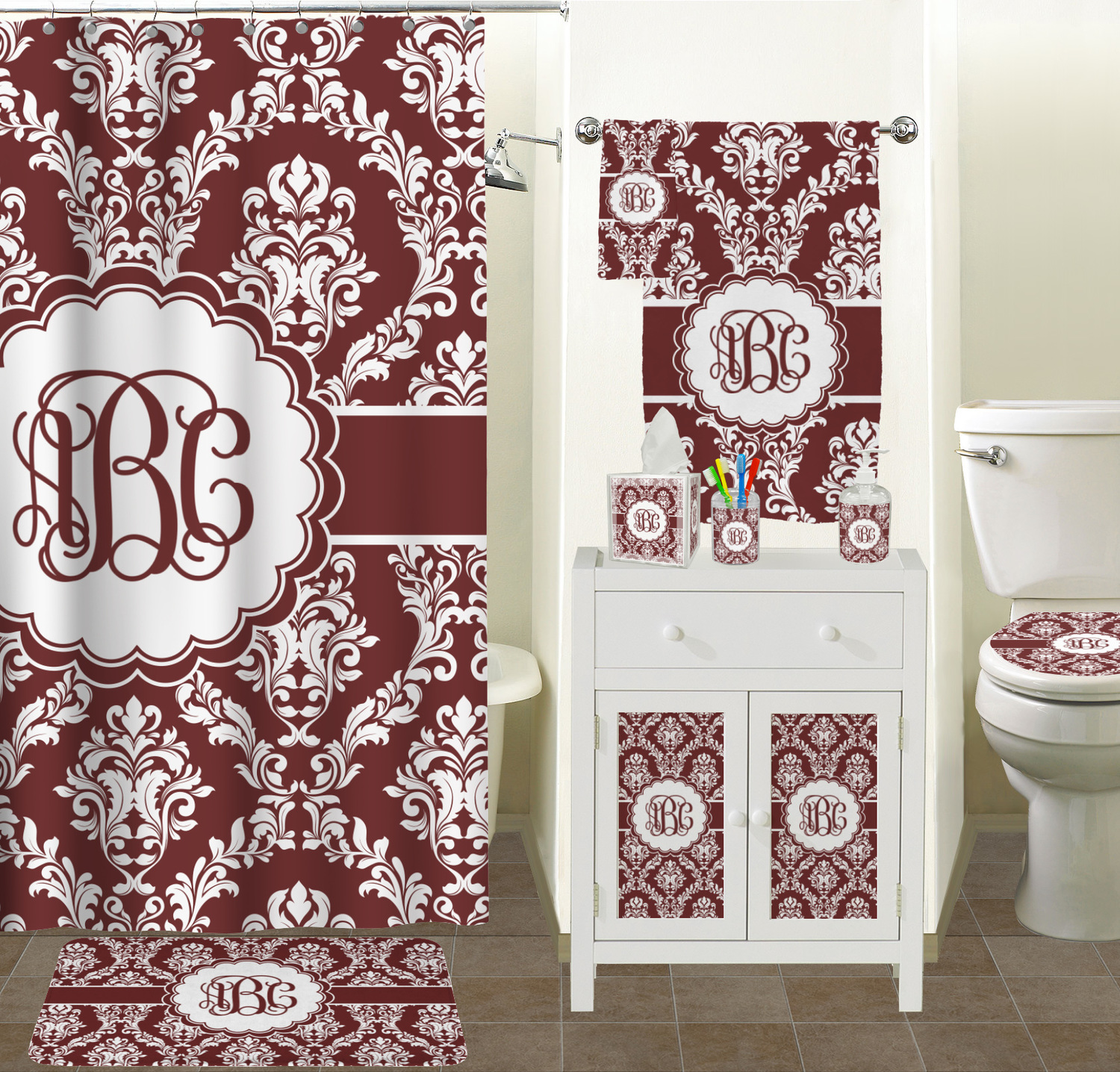 Maroon & White Bathroom Accessories Set (Ceramic) (Personalized