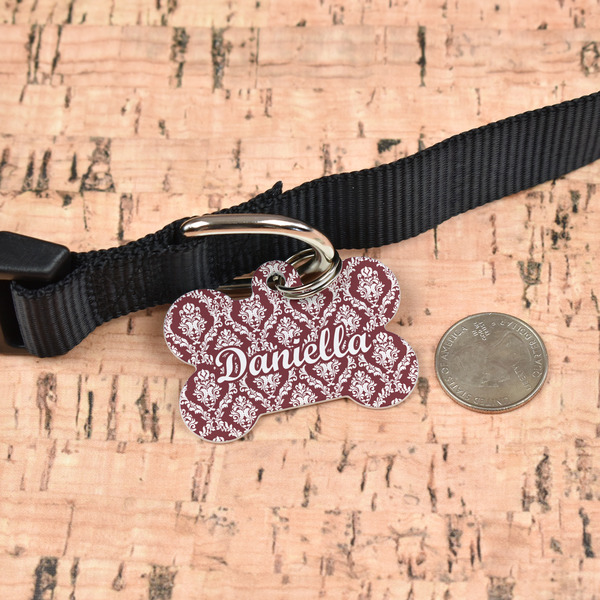 Maroon & White Bone Shaped Dog ID Tag - Large - In Context