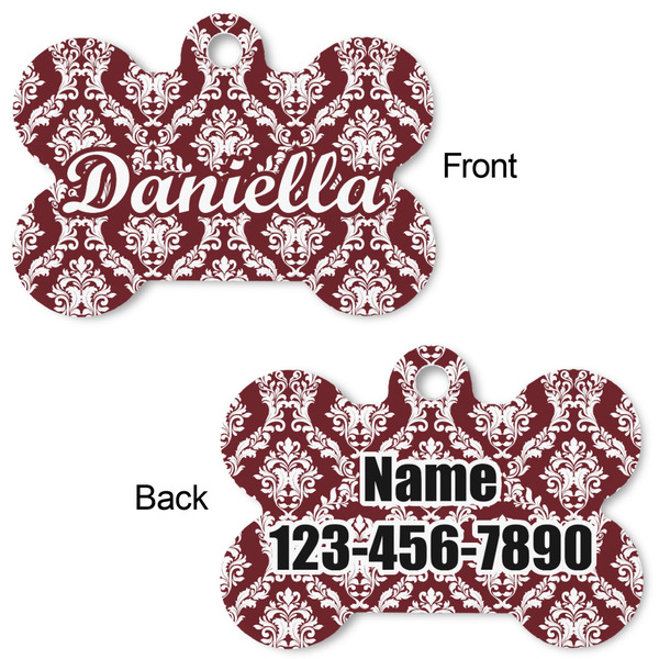 Maroon & White Bone Shaped Dog Tag - Front & Back