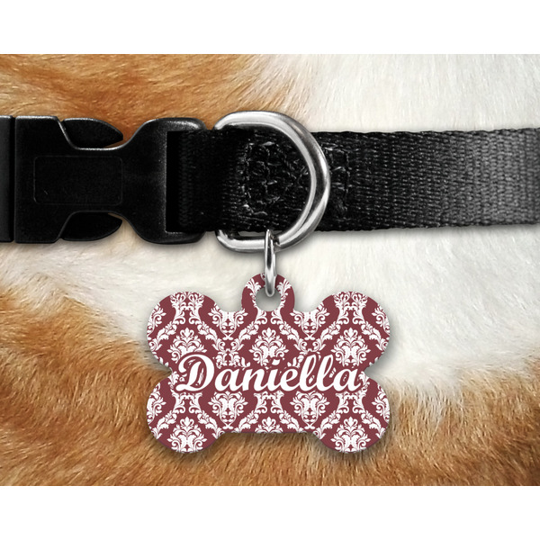 Maroon & White Bone Shaped Dog Tag on Collar & Dog