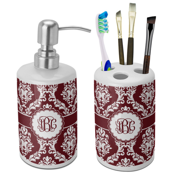 Custom Maroon & White Ceramic Bathroom Accessories Set (Personalized)