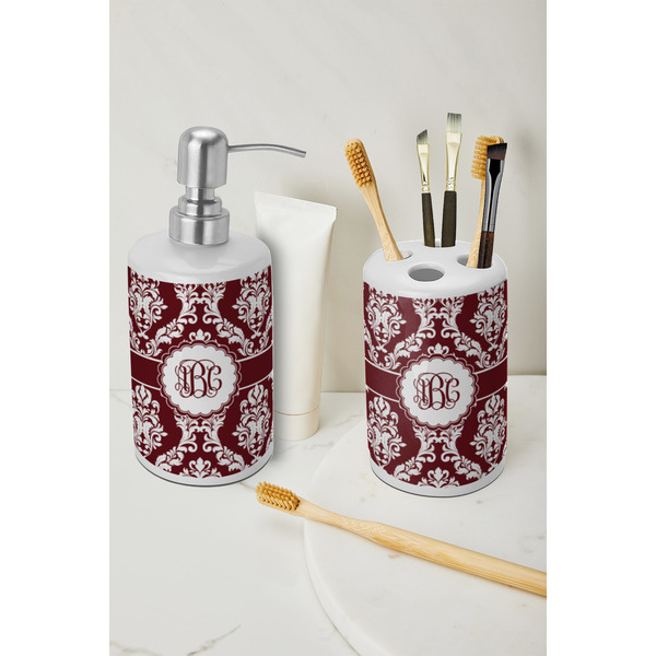 Maroon & White Ceramic Bathroom Accessories - LIFESTYLE (toothbrush holder & soap dispenser)