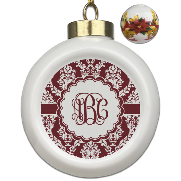Custom Maroon & White Ceramic Ball Ornaments - Poinsettia Garland (Personalized)