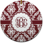 Maroon & White Round Ceramic Ornament w/ Monogram