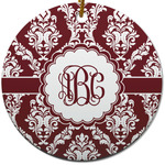Maroon & White Round Ceramic Ornament w/ Monogram