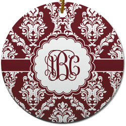 Maroon & White Round Ceramic Ornament w/ Monogram
