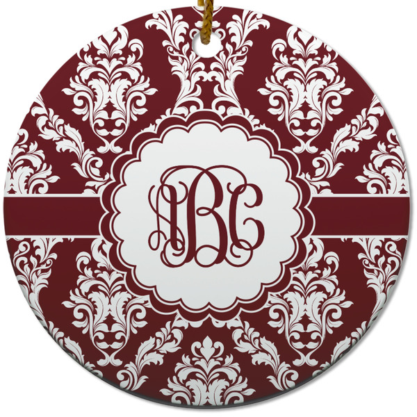 Custom Maroon & White Round Ceramic Ornament w/ Monogram