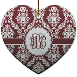 Maroon & White Heart Ceramic Ornament w/ Monogram
