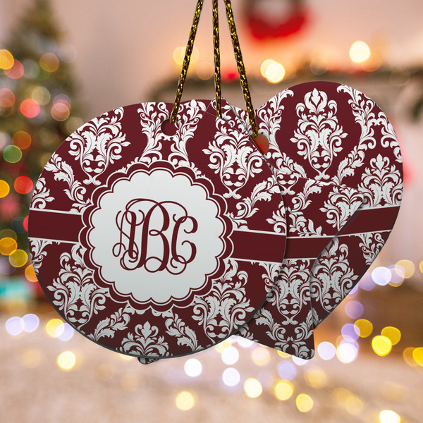 Custom Maroon & White Ceramic Ornament w/ Monogram