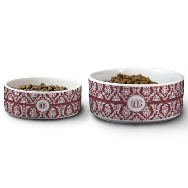 Maroon & White Ceramic Dog Bowls - Size Comparison
