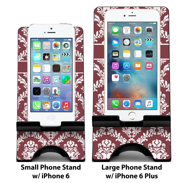 Maroon & White Compare Phone Stand Sizes - with iPhones