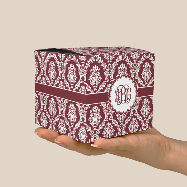 Maroon & White Cube Favor Gift Box - On Hand - Scale View