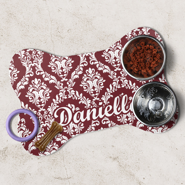 Maroon & White Dog Bone Shaped Mat Lifestyle