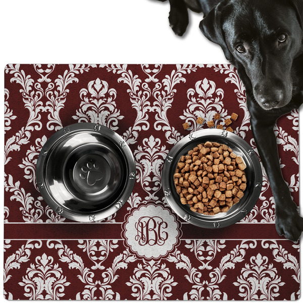 Custom Maroon & White Dog Food Mat - Large w/ Monogram