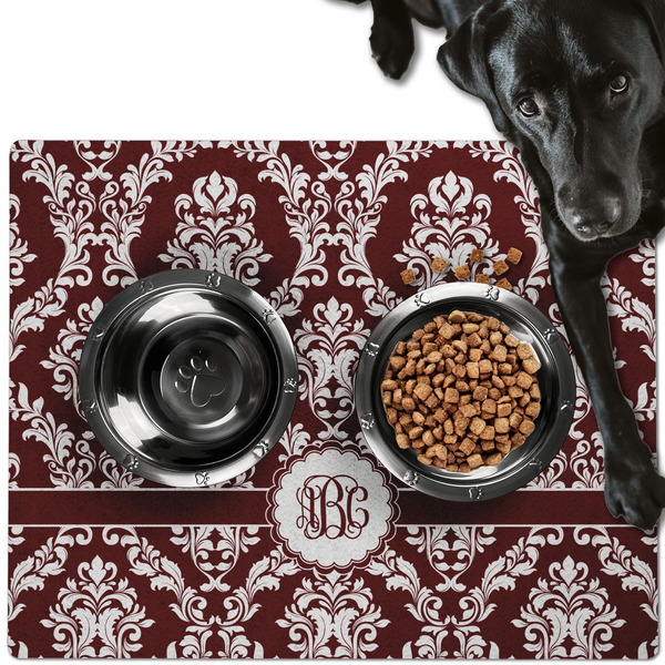 Maroon & White Dog Food Mat - Large LIFESTYLE