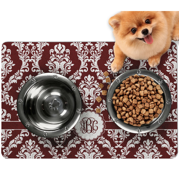 Custom Maroon & White Dog Food Mat - Small w/ Monogram