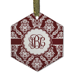 Maroon & White Flat Glass Ornament - Hexagon w/ Monogram