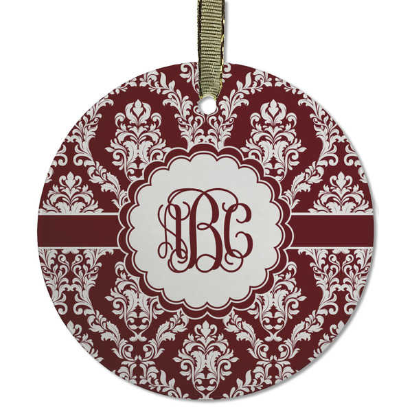 Custom Maroon & White Flat Glass Ornament - Round w/ Monogram