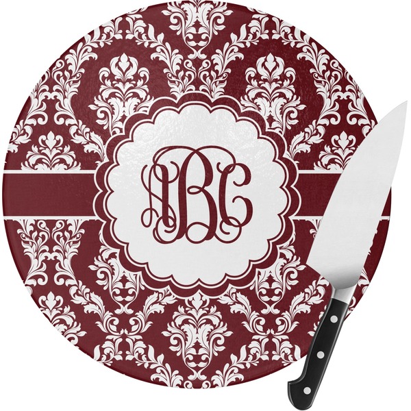 Custom Maroon & White Round Glass Cutting Board - Medium (Personalized)