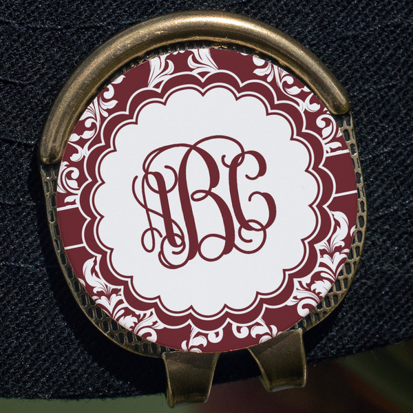 Maroon & White Golf Ball Marker Hat Clip - Gold - Close Up