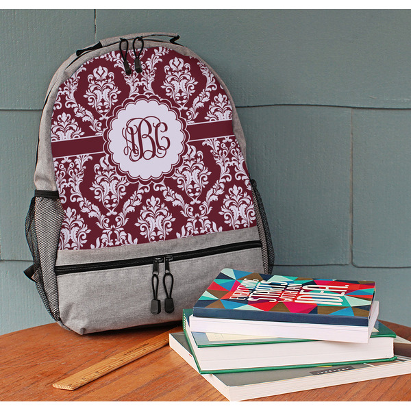 Maroon & White Large Backpack - Gray - On Desk