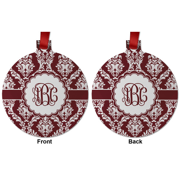 Maroon & White Metal Ball Ornament - Front and Back