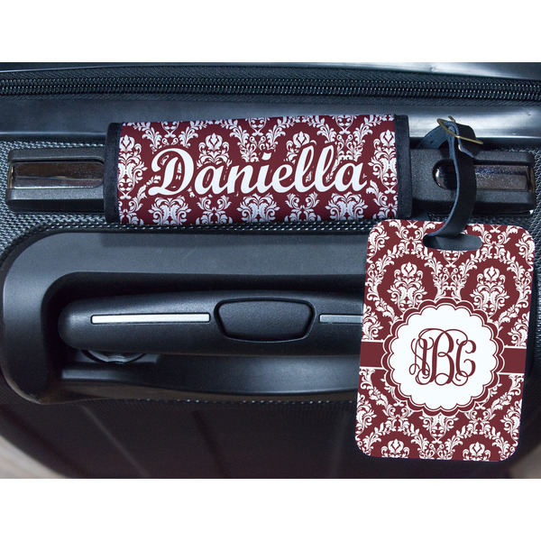 Maroon & White Metal Luggage Tag & Handle Wrap - In Context