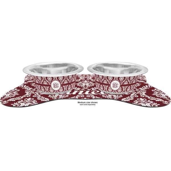 Maroon & White Metal Pet Bowls - On Dog Bone Shaped Mat