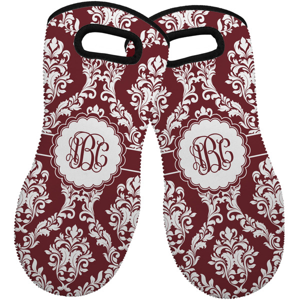 Custom Maroon & White Neoprene Oven Mitts - Set of 2 w/ Monogram