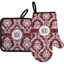 Maroon & White Oven Mitt & Pot Holder Set w/ Monogram